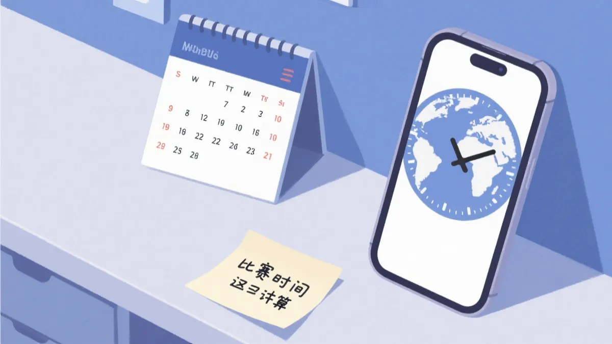 手机日历与世界时钟界面风格插画，用于规划世界杯观赛时间