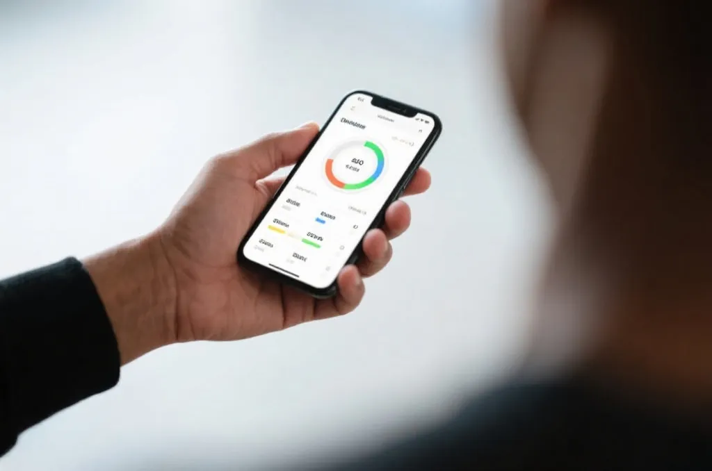 Close up of a person holding a smartphone showing a clean sports statistics dashboard, soft background blur, modern editorial style